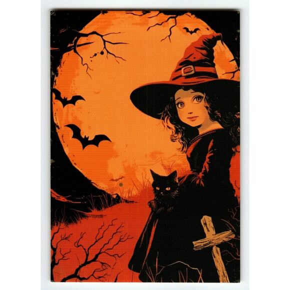 Vintage Halloween Witch with Black Cat Postcard 6x4 Lithograph - Picture 1 of 2
